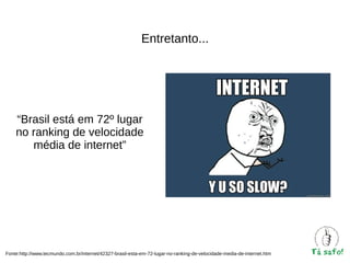 Entretanto...

“Brasil está em 72º lugar
no ranking de velocidade
média de internet”

Fonte:http://www.tecmundo.com.br/internet/42327-brasil-esta-em-72-lugar-no-ranking-de-velocidade-media-de-internet.htm

 