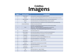 Créditos
                                Imagens
Página   Autor/Fonte                                                       Localização
  2          Philipp Sauber       http://www.flickr.com/photos/25691974@N08/4163480725/

  2            Visualead          http://www.visualead.com/blog/2013/02/a-post-about-qr-codes-thats-actually-exciting-and-relevant

  4        Ingus Evertovskis      http://www.123rf.com/photo_8684636_blank-soda-can-with-white-background.html

  5             Bjoe455           http://s925.photobucket.com/user/Bjoe455/media/lg_cocacola_can.jpg.html

  6              Volvo            https://www.media.volvocars.com/global/enhanced/en-gb/Media/Preview.aspx?mediaid=45163

  7      Empresas Identificadas   Websites das empresas identificadas

                                  Barak Obama - http://change.gov/newsroom/entry/new_official_portrait_released
                                  Steve Jobs - http://allaboutstevejobs.com
  9              Vários           Madre Teresa - http://www.biography.com/people/mother-teresa-9504160
                                  José Mourinho - http://en.wikipedia.org/wiki/Jos%C3%A9_Mourinho
                                  Cristiano Ronaldo - http://revistafutebolista.blogspot.pt/2012_09_01_archive.html

  10        Allison Shirreffs     http://www.tompeters.com

  12        Dietrich Wegner       http://www.dietrichwegner.com/work/cum_brand/CumulousSabine&Seb.html

  13         Smashmethod          http://smashmethod.deviantart.com/art/Face-In-The-Crowd-15235548

  15          iStockphoto         http://www.istockphoto.com - File #5487201

  16         Eric (e-magic)       http://www.flickr.com/photos/emagic/56206868/in/faves-soupy

  18          iStockphoto         http://www.istockphoto.com - File #15742269

  20         Shutterstock         http://www.shutterstock.com - Image ID 80320441

  21         Desconhecido         Vários

  22           Jurvetson          http://www.flickr.com/photos/jurvetson/21470089

  23        247freetips.com       http://www.247freetips.com

  24         Shutterstock         http://www.shutterstock.com - Image ID 116233960

  26         Desconhecido         Vários

  27              Mak             http://www.fotolia.com - Image ID 3338320

  28           Oberazzi           http://www.flickr.com/photos/oberazzi/318947873
 