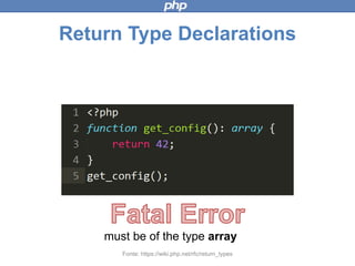 Return Type Declarations
Fonte: https://wiki.php.net/rfc/return_types
must be of the type array
 