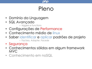 Pleno
• Domínio da Linguagem
• SQL Avançado
– triggers e functions
• Configurações de Performance
• Conhecimento médio de linux
• Saber identificar e aplicar padrões de projeto
– Factory, Adapter, Facede
• Segurança
• Conhecimentos sólidos em algum framework
MVC
• Conhecimento em noSQL
 