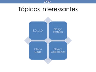 Tópicos interessantes
S.O.L.I.D.
Design
Patterns
Clean
Code
Object
Calisthenics
 