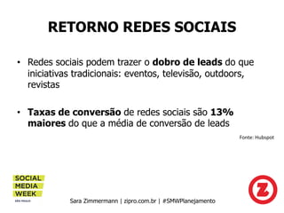 RETORNO REDES SOCIAIS
• Redes sociais podem trazer o dobro de leads do que
iniciativas tradicionais: eventos, televisão, o...