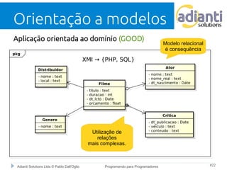 Orientação a modelos 
Aplicação orientada ao domínio (GOOD) 
XMI → {PHP, SQL} 
Utilização de 
relações 
mais complexas. 
Modelo relacional 
é consequência 
Adianti Solutions Ltda © Pablo Dall'Oglio Programando para Programadores #22 
 