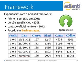 Framework 
Experiências com o Adianti Framework: 
● Primeira geração em 2006; 
● Versão atual iniciou ~2008; 
● Lançado oficialmente em 2012; 
● Focado em Business apps. 
Adianti Solutions Ltda © Pablo Dall'Oglio Programando para Programadores #4 
 