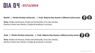 - 07/11/2019
cursoorlando.com.br
Manhã Profs. Roberto Dias Duarte e Gilberto Cunha Junior
Tema: Análise de Persona, Pontos de Combustão, Erros dos clientes,
Ganhos e Dores dos clientes, Criação de produtos e serviços.
| Flórida Christian University |
Tarde Profs. Roberto Dias Duarte e Gilberto Cunha Junior
Tema: Análise de Persona, Pontos de Combustão, Erros dos clientes,
Ganhos e Dores dos clientes, Criação de produtos e serviços.
| |Flórida Christian University |
 