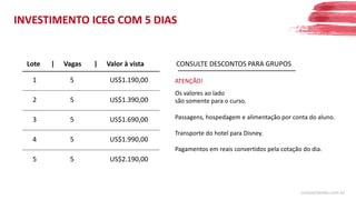 INVESTIMENTO ICEG COM 5 DIAS
Lote | Vagas Valor à vista|
1 5 US$1.190,00
2 5 US$1.390,00
3 5 US$1.690,00
4 5 US$1.990,00
5 5 US$2.190,00
CONSULTE DESCONTOS PARA GRUPOS
Os valores ao lado
são somente para o curso.
Passagens, hospedagem e alimentação por conta do aluno.
Transporte do hotel para Disney.
Pagamentos em reais convertidos pela cotação do dia.
ATENÇÃO!
cursoorlando.com.br
 