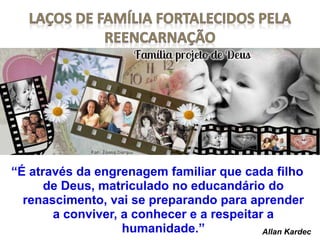 “É através da engrenagem familiar que cada filho
de Deus, matriculado no educandário do
renascimento, vai se preparando para aprender
a conviver, a conhecer e a respeitar a
humanidade.” Allan Kardec
 