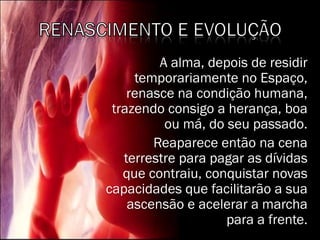 A alma, depois de residir
temporariamente no Espaço,
renasce na condição humana,
trazendo consigo a herança, boa
ou má, do seu passado.
Reaparece então na cena
terrestre para pagar as dívidas
que contraiu, conquistar novas
capacidades que facilitarão a sua
ascensão e acelerar a marcha
para a frente.
 