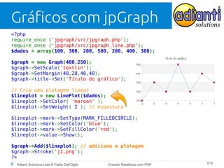 Gráficos com jpGraph
<?php
require_once ('jpgraph/src/jpgraph.php');
require_once ('jpgraph/src/jpgraph_line.php');
$dados = array(100, 300, 200, 500, 200, 400, 300);
$graph = new Graph(400,250);
$graph->SetScale('textlin');
$graph->SetMargin(40,20,40,40);
$graph->title->Set('Título do gráfico');
// Cria uma plotagem linear
$lineplot = new LinePlot($dados);
$lineplot->SetColor( 'maroon' );
$lineplot->SetWeight( 2 ); // espessura
$lineplot->mark->SetType(MARK_FILLEDCIRCLE);
$lineplot->mark->SetColor('blue');
$lineplot->mark->SetFillColor('red');
$lineplot->value->Show();
$graph->Add($lineplot); // adiciona a plotagem
$graph->Stroke('j1.png');
?>
Adianti Solutions Ltda © Pablo Dall'Oglio

Criando Relatórios com PHP

#19

 