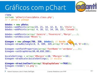 Gráficos com pChart
<?php
include 'pChart/class/pData.class.php';
// + pDraw e pImage
$dados = new pData;
$dados->addPoints(array(23, 21, 14, 12, 8, 6),'Chile');
$dados->addPoints(array( 4, 10, 12, 14, 20, 23),'Canadá');
$dados->addPoints(array('Janeiro','Fevereiro','Março',...);
$dados->setAbscissa('Meses');
$imagem = new pImage(700, 330, $dados); // borda
$imagem->drawRectangle(0, 0, 699, 329,array('R'=>0,'G'=>0,'B'=>0));
$imagem->setFontProperties(array('FontName'=>'verdana',...));
$imagem->setGraphArea(60,40,650,280);
$scaleSettings = array('XMargin'=>10,'YMargin'=>10);
$imagem->drawScale($scaleSettings); // escala
$imagem->drawLineChart(array('DisplayValues'=>TRUE));
$imagem->render('c1.png');
?>
Adianti Solutions Ltda © Pablo Dall'Oglio

Criando Relatórios com PHP

#21

 