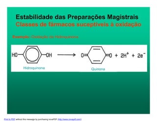 Estabilidade das Preparações Magistrais
Classes de fármacos suceptíveis à oxidação
Exemplo: Oxidação da Hidroquinona
Hidroquinona Quinona
Print to PDF without this message by purchasing novaPDF (http://www.novapdf.com/)
 