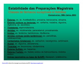 Estabilidade das Preparações Magistrais
Classes de fármacos suceptíveis à Hidrólise
• Ésteres: ex. ác. Acetilsalicílico, procaína, benzocaína, atropina.
• Ésteres cíclicos ou lactonas: ex. varfarina, nistatina, digoxina,
digitoxina, ác. ascórbico.
• Tioésteres: espironolactona.
• Amidas: ex. nicotinamida, paracetamol, procainamida.
• Imidas: ex. fenitoína, barbitúricos, riboflavina.
• Amidas cíclicas (anéis lactâmicos): ex. penicilinas,
cefalosporinas.
• Carbamatos (Uretanos): ex. carbachol, neostigmina, carbimazol.
• Acetal: ex. digoxina, aldosterona.
• Tioacetal: ex. lincomicina, clindamicina.
• Ésteres Sulfato: ex. heparina.
• Ésteres Fosfato: ex. fosfato sódico de hidrocortisona, triclofos
sódico.
• Iminas (azometina ou base de Schiff): diazepam, pralidoxima.
(Connors et al., 1986; Cairns, 2003)
Print to PDF without this message by purchasing novaPDF (http://www.novapdf.com/)
 