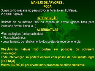 MANEJO DE ÁRVORES : (PODA) Surgiu como mecanismo para provocar floração em frutíferas... PRODUTIVIDADE INTERVENÇÃO Retirada de no máximo 30% da copada da árvore (galhos finos para levantar a árvore, limpá-la...) ALTERNATIVAS Fios ecológicos (emborrachados) Fios subterrâneos Levantamento ou rebaixamento dos postes de rede de  energia. Obs:Árvores nativas não podem ser podadas ou sofrerem intervenção. Toda intervenção só poderá ocorrer com posse de documento legal (LICENÇA) Multas: R$ 500,00 por árvore mais processo de crime ambiental. 