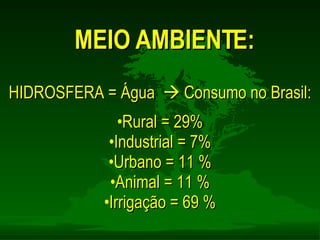 HIDROSFERA = Água    Consumo no Brasil: Rural = 29% Industrial = 7% Urbano = 11 % Animal = 11 % Irrigação = 69 % MEIO AMBIENTE: 