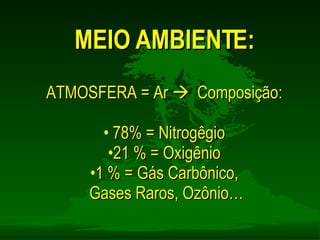 ATMOSFERA = Ar     Composição: 78% = Nitrogêgio 21 % = Oxigênio 1 % = Gás Carbônico, Gases Raros, Ozônio… MEIO AMBIENTE: 