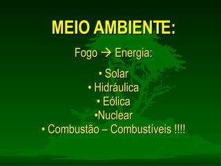 Fogo    Energia: Solar Hidráulica Eólica Nuclear Combustão – Combustíveis !!!! MEIO AMBIENTE: 