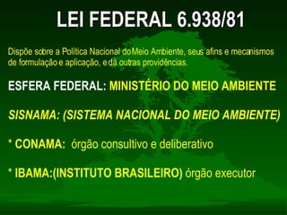 LEI FEDERAL 6.938/81 Dispõe sobre a Política Nacional do Meio Ambiente, seus afins e mecanismos de formulação e aplicação, e dá outras providências. ESFERA FEDERAL:  MINISTÉRIO DO MEIO AMBIENTE SISNAMA: (SISTEMA NACIONAL DO MEIO AMBIENTE) *  CONAMA:   órgão consultivo e deliberativo *  IBAMA:(INSTITUTO BRASILEIRO)  órgão executor   