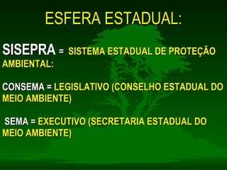 ESFERA ESTADUAL: SISEPRA  =   SISTEMA ESTADUAL DE PROTEÇÃO AMBIENTAL: CONSEMA =  LEGISLATIVO (CONSELHO ESTADUAL DO MEIO AMBIENTE) SEMA =  EXECUTIVO (SECRETARIA ESTADUAL DO MEIO AMBIENTE)  