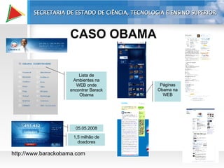 CASO OBAMA http://www.barackobama.com 05.05.2008 1,5 milhão de doadores Lista de Ambientes na WEB onde encontrar Barack Obama Páginas Obama na WEB SECRETARIA DE ESTADO DE CIÊNCIA, TECNOLOGIA E ENSINO SUPERIOR 