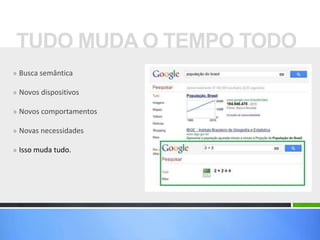 » Busca semântica
» Novos dispositivos
» Novos comportamentos
» Novas necessidades
» Isso muda tudo.
TUDO MUDA O TEMPO TODO
 