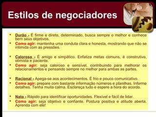 Estilos de negociadores
 Durão - É firme e direto, determinado, busca sempre o melhor e conhece
bem seus objetivos.
 Como agir: mantenha uma conduta clara e honesta, mostrando que não se
intimida com as pressões.
 Caloroso - É amigo e simpático. Enfatiza metas comuns, é construtivo,
otimista e paciente.
 Como agir: seja caloroso e sensível, contribuindo para melhorar os
relacionamentos e pensando sempre no melhor para ambas as partes.
 Racional - Apega-se aos acontecimentos. É frio e pouco comunicativo.
 Como agir: prepare com bastante informação números e planilhas. Informe
detalhes. Tenha muita calma. Esclareça tudo e espere a hora do acordo.
 Nato - Rápido para identificar oportunidades. Flexível e fácil de lidar.
 Como agir: seja objetivo e confiante. Postura positiva e atitude aberta.
Aprenda com ele!
 