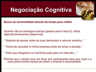 Negociação Cognitiva
Busca da racionalidade através do tempo para refletir
Quando não se consegue avançar (passar para a fase 5), utilize
algumas ferramentas disponíveis
“ Gostaria de pensar sobre as suas demandas e retornar amanha...”
“ Tenho de consultar á minha empresa antes de tomar a decisão..”
“ Creio que chegamos no momento justo para um intervalo....”
Permita que o tempo atue em favor dos participantes para que você e a
outra parte tenham tempo de refletir e chamar á racionalidade.
 