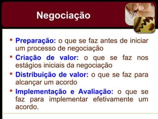 Negociação
 Preparação: o que se faz antes de iniciar
um processo de negociação
 Criação de valor: o que se faz nos
estágios iniciais da negociação
 Distribuição de valor: o que se faz para
alcançar um acordo
 Implementação e Avaliação: o que se
faz para implementar efetivamente um
acordo.
 