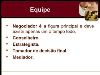 Equipe
 Negociador é a figura principal e deve
existir apenas um o tempo todo.
 Conselheiro.
 Estrategista.
 Tomador de decisão final.
 Mediador.
 