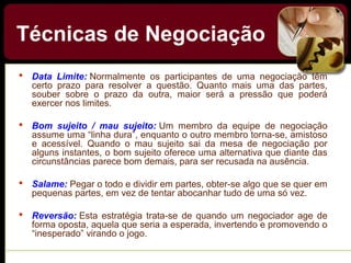  Data  Limite: Normalmente os participantes de uma negociação têm
certo prazo para resolver a questão. Quanto mais uma das partes,
souber sobre o prazo da outra, maior será a pressão que poderá
exercer nos limites.
 Bom  sujeito  /  mau  sujeito: Um membro da equipe de negociação
assume uma “linha dura”, enquanto o outro membro torna-se, amistoso
e acessível. Quando o mau sujeito sai da mesa de negociação por
alguns instantes, o bom sujeito oferece uma alternativa que diante das
circunstâncias parece bom demais, para ser recusada na ausência.
 Salame: Pegar o todo e dividir em partes, obter-se algo que se quer em
pequenas partes, em vez de tentar abocanhar tudo de uma só vez.
 Reversão: Esta estratégia trata-se de quando um negociador age de
forma oposta, aquela que seria a esperada, invertendo e promovendo o
“inesperado” virando o jogo.
Técnicas de Negociação
 