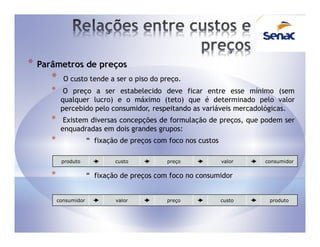 *   Parâmetros de preços
       *     O custo tende a ser o piso do preço.
       *     O preço a ser estabelecido deve ficar entre esse mínimo (sem
            qualquer lucro) e o máximo (teto) que é determinado pelo valor
            percebido pelo consumidor, respeitando as variáveis mercadológicas.
       *     Existem diversas concepções de formulação de preços, que podem ser
            enquadradas em dois grandes grupos:
       *                “ fixação de preços com foco nos custos

            produto            custo         preço             valor      consumidor


       *                “ fixação de preços com foco no consumidor


           consumidor          valor         preço             custo       produto
 
