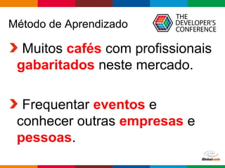Globalcode – Open4education
Método de Aprendizado
Muitos cafés com profissionais
gabaritados neste mercado.
Frequentar eventos e
conhecer outras empresas e
pessoas.
 