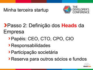 Globalcode – Open4education
Minha terceira startup
Passo 2: Definição dos Heads da
Empresa
Papéis: CEO, CTO, CPO, CIO
Responsabilidades
Participação societária
Reserva para outros sócios e fundos
 