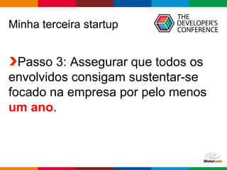 Globalcode – Open4education
Minha terceira startup
Passo 3: Assegurar que todos os
envolvidos consigam sustentar-se
focado na empresa por pelo menos
um ano.
 