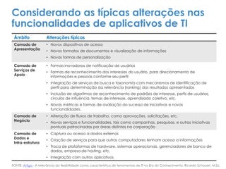FONTE: Artigo - A relevância da flexibilidade como característica de ferramentas de TI na Era do Conhecimento. Ricardo Schoueri, M.Sc.
Âmbito Alterações típicas
Camada de
Apresentação
• Novos dispositivos de acesso
• Novos formatos de documentos e visualização de informações
• Novas formas de personalização
Camada de
Serviços de
Apoio
• Formas inovadoras de notificação de usuários
• Formas de reconhecimento dos interesses do usuário, para direcionamento de
informações e pessoas conforme seu perfil
• Integração de serviços de busca e taxonomia com mecanismos de identificação de
perfil para determinação da relevância (ranking) dos resultados apresentados
• Inclusão de algoritmos de reconhecimento de padrões de interesse, perfis de usuários,
círculos de influência, temas de interesse, aprendizado coletivo, etc.
• Novas métricas e formas de avaliação do sucesso de iniciativas e novas
funcionalidades.
Camada de
Negócio
• Alteração de fluxos de trabalho, como aprovações, solicitações, etc.
• Novos serviços e funcionalidades, tais como campanhas, pesquisas, e outras iniciativas
pontuais patrocinadas por áreas distintas na corporação
Camada de
Dados e
Infra-estrutura
• Captura ou acesso a dados externos
• Criação de serviços para que outros computadores tenham acesso a informações
• Troca de plataformas de hardware, sistemas operacionais, gerenciadores de banco de
dados, empresa de hosting, etc.
• Integração com outros aplicativos
Considerando as típicas alterações nas
funcionalidades de aplicativos de TI
 