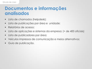 Estudo de caso
Documentos e informações
analisados
 Lista de chamados (helpdesk);
 Lista de publicações por área e unidade;
 Relatórios de acesso;
 Lista de aplicações e sistemas da empresa; (+ de 400 oficiais)
 Lista de publicadores por área;
 Veículos impressos de comunicação e meios alternativos;
 Guia de publicação.
 