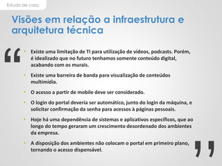 Estudo de caso
Visões em relação a infraestrutura e
arquitetura técnica
• Existe uma limitação de TI para utilização de vídeos, podcasts. Porém,
é idealizado que no futuro tenhamos somente conteúdo digital,
acabando com os murais.
• Existe uma barreira de banda para visualização de conteúdos
multimídia.
• O acesso a partir de mobile deve ser considerado.
• O login do portal deveria ser automático, junto do login da máquina, e
solicitar confirmação da senha para acessos à páginas pessoais.
• Hoje há uma dependência de sistemas e aplicativos específicos, que ao
longo do tempo geraram um crescimento desordenado dos ambientes
da empresa.
• A disposição dos ambientes não colocam o portal em primeiro plano,
tornando o acesso dispensável.
“
 