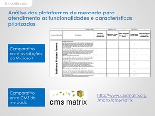 Estudo de caso
Análise das plataformas de mercado para
atendimento as funcionalidades e características
priorizadas
Feature Included o Improved 2007 n New in 2007 
Features/Benefits Description
Windows
SharePoint
Services 3.0
SharePoint Portal
Server 2003
Office SharePoint
Server 2007 for
Search
Office Forms
Server 2007
Office SharePoint
Server 2007
Standard CAL
Browser-based Forms
InfoPath Forms Services available in Microsoft Office SharePoint Server
2007 and Microsoft Office Forms Server 2007 makes it possible to design
Web-capable forms in Microsoft Office InfoPath 2007 and distribute them
on corporate intranets, extranets, or the Internet. Users can fill out forms
in a browser or HTML enabled Mobile device with no download or client
components needed.
Centralized Forms Management and Control
InfoPath Forms Services provide a administrator controled centralized form
solution catalog that makes it easy for users to find a form and minimize
form solution downtime when upgrades are necessary. It also provides
administrators with the tools to manage form solution security and
accesibility.
“Design Once” Development Model
Forms designers can design their forms once and deploy them for use both
within the rich Office InfoPath 2007 client program and through a Web
browser. Office Forms Server 2007 automatically converts the form into
ASP.NET Web forms, with no additional work from the designer.
Form Import Wizard
The designer in Office InfoPath 2007 provides an easy way to convert
forms designed in Microsoft Office Excel and Microsoft Office Word into rich
Office InfoPath 2007 forms. The Form Import Wizard handles the
conversion of form fields, repeating tables, rich text boxes, and other
elements, dynamically generating the underlying XML structure for the new
form.
Integrated Deployment Model for “No-code” Forms
The Publish Wizard in Office InfoPath 2007 makes it easy to publish forms
that do not have any managed code components to a Windows SharePoint
Services library, while making the form available as a browser-based form
at the same time.
Compatibility Checker
The Compatibility Checker helps forms designers validate those features
that need to work across the broadest range of Web browsers.

BusinessProcessForms





http://www.cmsmatrix.org
/matrix/cms-matrix
Comparativo
entre as soluções
da Microsoft
Comparativo
entre CMS do
mercado
 