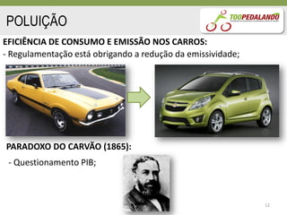 POLUIÇÃO
EFICIÊNCIA DE CONSUMO E EMISSÃO NOS CARROS:
- Regulamentação está obrigando a redução da emissividade;




PARADOXO DO CARVÃO (1865):
 - Questionamento PIB;



                                                             12
 