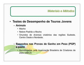 Materiais e Métodos 
• Testes de Desempenho de Touros Jovens 
– Animais 
• Macho 
• Nelore Padrão e Mocho 
• Oriundos de diversos criatórios das regiões Sudeste, 
Centro Oeste e Nordeste. 
– Baseados nas Provas de Ganho em Peso (PGP) 
a pasto 
• Homologadas pela Associação Brasileira de Criadores de 
Zebu (ABCZ) 
 