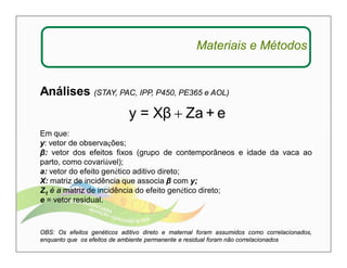Materiais e Métodos 
Análises (STAY, PAC, IPP, P450, PE365 e AOL) 
y = Xβ  Za + e 
Em que: 
y: vetor de observações; 
β: vetor dos efeitos fixos (grupo de contemporâneos e idade da vaca ao 
parto, como covariável); 
a: vetor do efeito genético aditivo direto; 
X: matriz de incidência que associa β com y; 
Z1 é a matriz de incidência do efeito genético direto; 
e = vetor residual. 
OBS: Os efeitos genéticos aditivo direto e maternal foram assumidos como correlacionados, 
enquanto que os efeitos de ambiente permanente e residual foram não correlacionados 
 