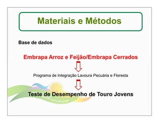 Materiais e Métodos 
Base de dados 
Embrapa Arroz e Feijão/Embrapa Cerrados 
Programa de Integração Lavoura Pecuária e Floresta 
Teste de Desempenho de Touro Jovens 
 