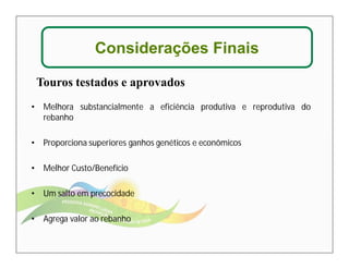 Considerações Finais 
Touros testados e aprovados 
• Melhora substancialmente a eficiência produtiva e reprodutiva do 
rebanho 
• Proporciona superiores ganhos genéticos e econômicos 
• Melhor Custo/Benefício 
• Um salto em precocidade 
• Agrega valor ao rebanho 
 
