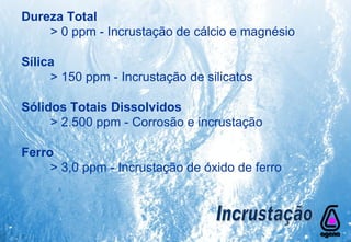 Dureza Total > 0 ppm - Incrustação de cálcio e magnésio Sílica > 150 ppm - Incrustação de silicatos Sólidos Totais Dissolvidos > 2.500 ppm - Corrosão e incrustação Ferro > 3,0 ppm - Incrustação de óxido de ferro Incrustação 