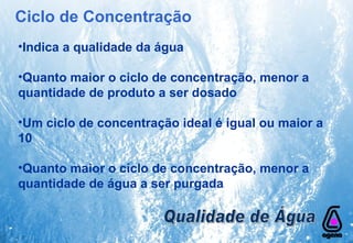 Indica a qualidade da água Quanto maior o ciclo de concentração, menor a  quantidade de produto a ser dosado Um ciclo de concentração ideal é igual ou maior a 10 Quanto maior o ciclo de concentração, menor a quantidade de água a ser purgada Qualidade de Água Ciclo de Concentração 