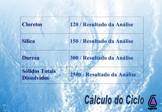 Cálculo do Ciclo Cloretos 120 / Resultado da Análise Sílica 150 / Resultado da Análise Dureza 300 / Resultado da Análise Sólidos Totais Dissolvidos 2500 / Resultado da Análise 