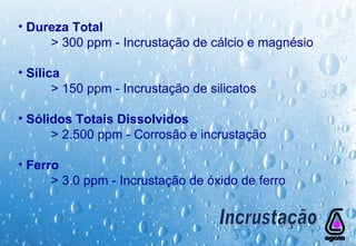 Dureza Total > 300 ppm - Incrustação de cálcio e magnésio Sílica > 150 ppm - Incrustação de silicatos Sólidos Totais Dissolvidos > 2.500 ppm - Corrosão e incrustação Ferro > 3,0 ppm - Incrustação de óxido de ferro Incrustação 