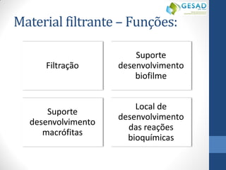 Material filtrante – Funções: 
Filtração 
Suporte desenvolvimento biofilme 
Suporte desenvolvimento macrófitas 
Local de desenvolvimento das reações bioquímicas  