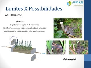 WC HORIZONTAL 
Carga transversal aplicada de no máximo 
16 gSS.m-2seção transversal.d-1, para a manutenção de remoções superiores a 65% e 80% para DQO e SS, respectivamente 
LIMITES 
Colmatação ! 
Limites X Possibilidades  