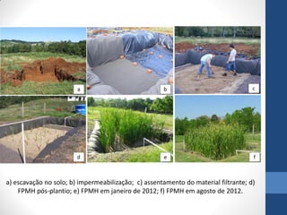 a) escavação no solo; b) impermeabilização; c) assentamento do material filtrante; d) FPMH pós-plantio; e) FPMH em janeiro de 2012; f) FPMH em agosto de 2012.  