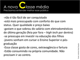 A nova       Classe média
Precisamos entender melhor esse público


-não é tão fácil de ser conquistado
-está mais preocupado com conforto do que com
status. Quer qualidade e preço baixo
-gastam o que sobrou do salário com eletrodomésticos
de última geração (feia por fora – high tech por dentro)
-se preocupa em investir na educação dos filhos
-jovens sonham em cursar o Ensino Superior e pós-
graduação




                                                           Fonte: Instituto Data Popular
-Essa classe gosta de cores, extravagância e fartura
-Estão consumindo na própria comunidade. Não
precisam ir ao centro.
 